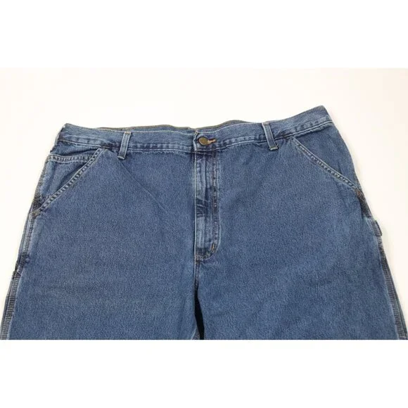 Vintage Carhartt Mens 40x30 Faded Spell Out Wide Leg Dungaree Denim Jeans Blue